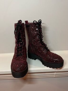 Michael Kors Glitter Lace-Up Combat Boots in Burgundy 8